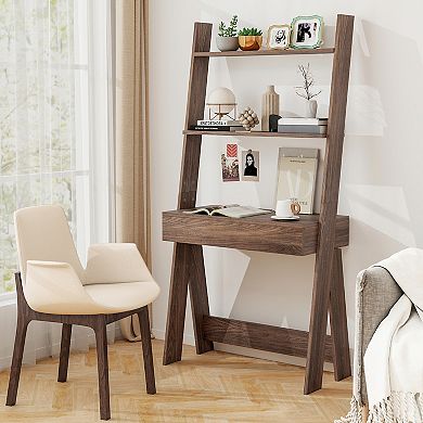 Costway Home Office Ladder Desk Wall-Leaning Laptop Workstation with Storage Shelves
