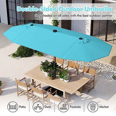 Costway 13FT Double-sided Patio Umbrella with Solar Lights Crank Handle Umbrella Base
