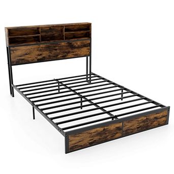 Costway Bed Frame with Charging Station Storage Headboard Under-bed Storage Space