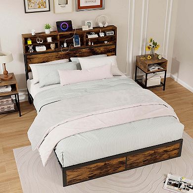 Costway Bed Frame with Charging Station Storage Headboard Under-bed Storage Space
