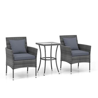 Costway 3 pc Patio Furniture Set with Cushioned Patio Chairs & Tempered Glass Coffee Table