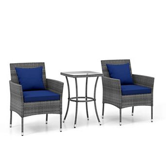 Costway 3 pc Patio Furniture Set with Cushioned Patio Chairs & Tempered Glass Coffee Table