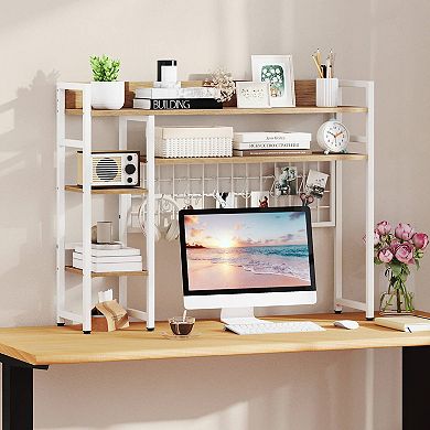 Costway Desk Shelf 4-Tier Desktop Display Rack with Metal Grid Panel & 6 Hooks