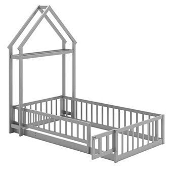 Costway Twin Size House Floor Bed with House-shaped Headboard Clothes Hanger without Slats