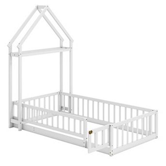 Costway Twin Size House Floor Bed with House-shaped Headboard Clothes Hanger without Slats