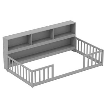 Costway Montessori Floor Bed with Bookcase Storage Shelves & Safety Fence Rails