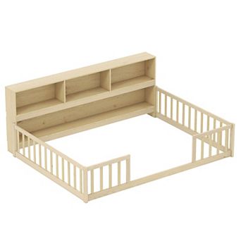 Costway Montessori Floor Bed with Bookcase Storage Shelves & Safety Fence Rails