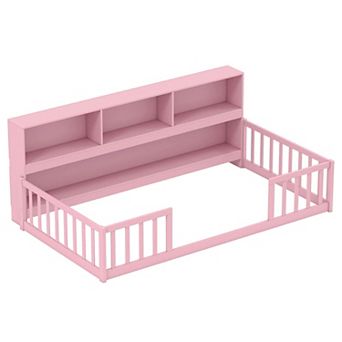Costway Montessori Floor Bed with Bookcase Storage Shelves & Safety Fence Rails