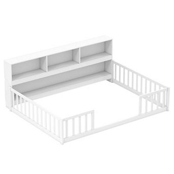 Costway Montessori Floor Bed with Bookcase Storage Shelves & Safety Fence Rails