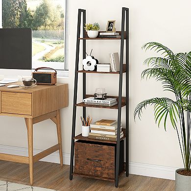 Costway 5-Tier Ladder Bookshelf, Modern Freestanding Bookcase with Removable Fabric Drawer