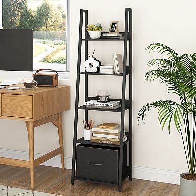 Costway 5-Tier Ladder Bookshelf, Modern Freestanding Bookcase with Removable Fabric Drawer