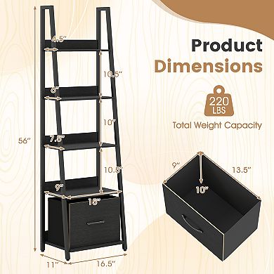 Costway 5-Tier Ladder Bookshelf, Modern Freestanding Bookcase with Removable Fabric Drawer
