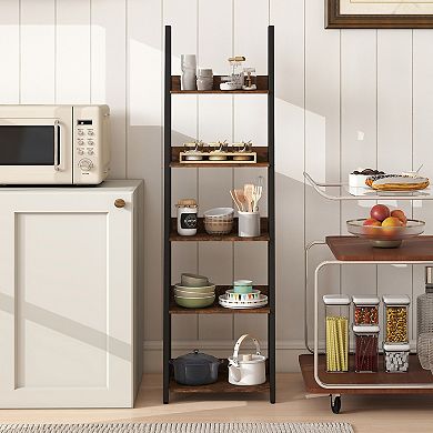 Costway 5-Tier Ladder Bookshelf, Modern Freestanding Bookcase with Removable Fabric Drawer