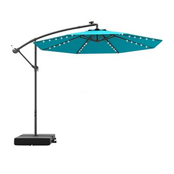 Costway Patio 10FT Hanging Offset Umbrella 32 LED Lights Sand Bag Outdoor Cross Base