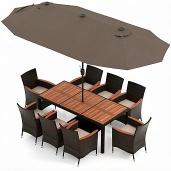 Costway 11 pc Patio Dining Set with 15ft Double-Sided Patio Umbrella (Base Included)