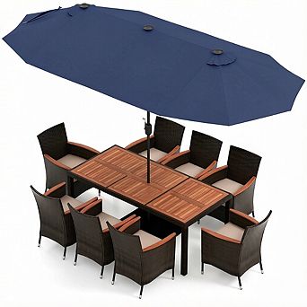 Costway 11 pc Patio Dining Set with 15ft Double-Sided Patio Umbrella (Base Included)