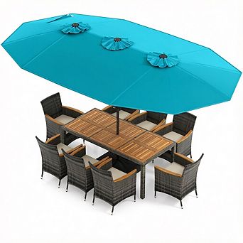 Costway 10 pc Patio Wicker Dining Set with Double-Sided Patio Umbrella 8 Armchairs