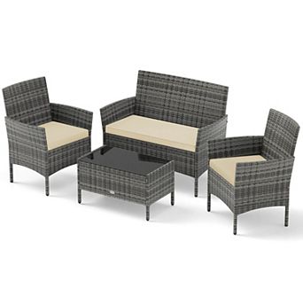 Costway 4 pc Patio Furniture Set with Washable Cushions and Tempered Glass Coffee Table