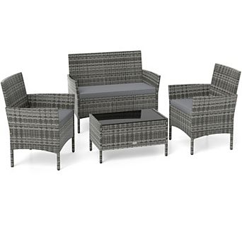 Costway 4 pc Patio Furniture Set with Washable Cushions and Tempered Glass Coffee Table