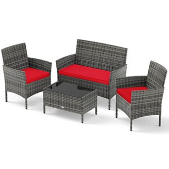 Costway 4 pc Patio Furniture Set with Washable Cushions and Tempered Glass Coffee Table