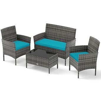 Costway 4 pc Patio Furniture Set with Washable Cushions and Tempered Glass Coffee Table
