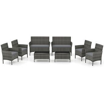 Costway 8 pc Patio Furniture Set with Washable Cushions and Tempered Glass Coffee Table