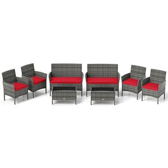 Costway 8 pc Patio Furniture Set with Washable Cushions and Tempered Glass Coffee Table