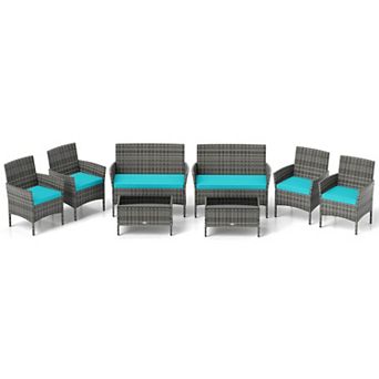 Costway 8 pc Patio Furniture Set with Washable Cushions and Tempered Glass Coffee Table