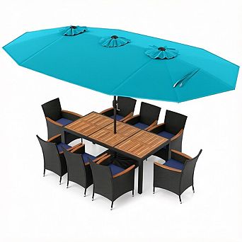 Costway 11 pc Patio Wicker Dining Set with Double-Sided Outdoor Umbrella 8 Stackable Chairs