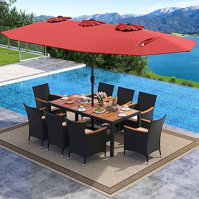 Costway 11 PCS Patio Wicker Dining Set with Double-Sided Outdoor Umbrella 8 Stackable Chairs