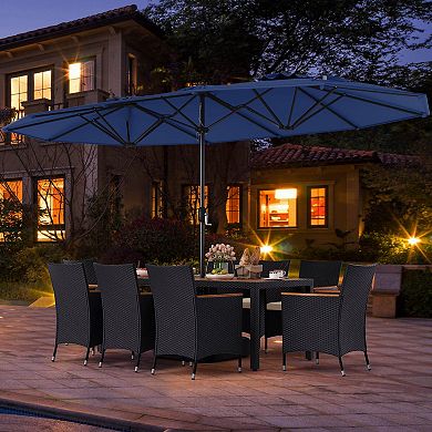 Costway 11 PCS Patio Wicker Dining Set with Double-Sided Outdoor Umbrella 8 Stackable Chairs