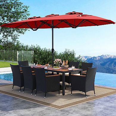 Costway 11 PCS Patio Wicker Dining Set with Double-Sided Outdoor Umbrella 8 Stackable Chairs