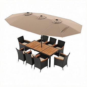 Costway 11 pc Patio Wicker Dining Set with Double-Sided Outdoor Umbrella 8 Stackable Chairs