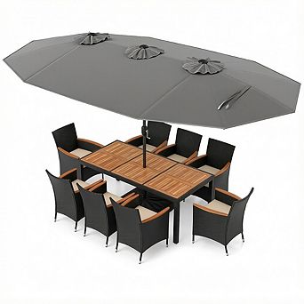 Costway 11 pc Patio Wicker Dining Set with Double-Sided Outdoor Umbrella 8 Stackable Chairs
