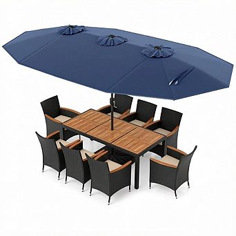 Costway 11 pc Patio Wicker Dining Set with Double-Sided Outdoor Umbrella 8 Stackable Chairs