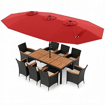 Costway 11 pc Patio Wicker Dining Set with Double-Sided Outdoor Umbrella 8 Stackable Chairs
