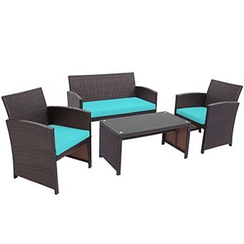 Costway 4 pc Patio Rattan Furniture Set Cushioned Chair Sofa Coffee Table