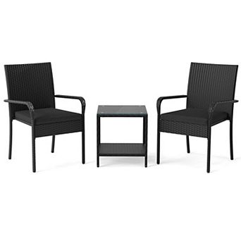Costway 3 pc Patio Furniture Set with 2 tier Table Tempered Glass Tabletop & Soft Cushions