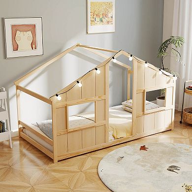 Costway Twin Size House Floor Bed with LED Lights Solid Wood Bed Frame without Slats