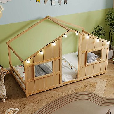 Costway Twin Size House Floor Bed with LED Lights Solid Wood Bed Frame without Slats