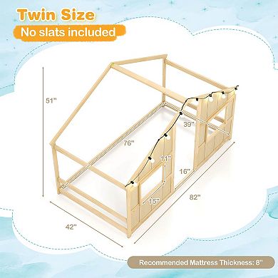 Costway Twin Size House Floor Bed with LED Lights Solid Wood Bed Frame without Slats