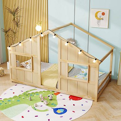 Costway Twin Size House Floor Bed with LED Lights Solid Wood Bed Frame without Slats