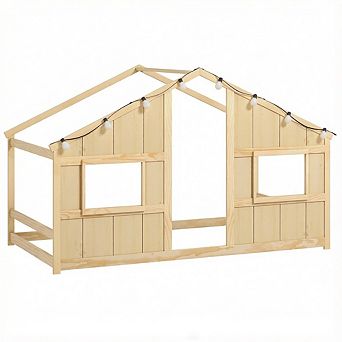 Costway Twin Size House Floor Bed with LED Lights Solid Wood Bed Frame without Slats