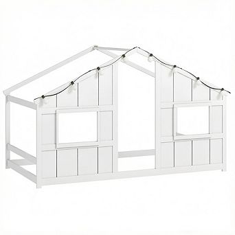 Costway Twin Size House Floor Bed with LED Lights Solid Wood Bed Frame without Slats