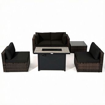Costway 6 pc Patio Furniture Set Rattan Cushioned Sofa Gas Fire Pit Table