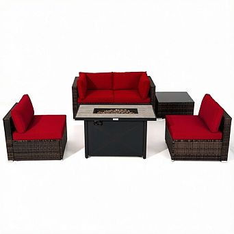 Costway 6 pc Patio Furniture Set Rattan Cushioned Sofa Gas Fire Pit Table