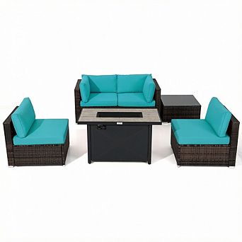Costway 6 pc Patio Furniture Set Rattan Cushioned Sofa Gas Fire Pit Table