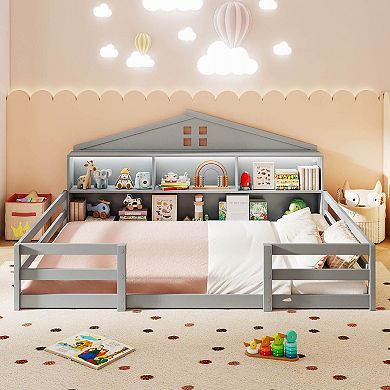 Costway Montessori Floor Bed with LED Lights Safety Guardrails Compartments Shelf