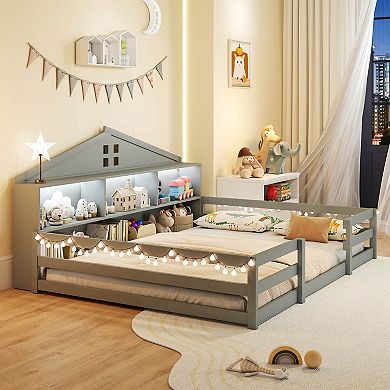 Costway Montessori Floor Bed with LED Lights Safety Guardrails Compartments Shelf