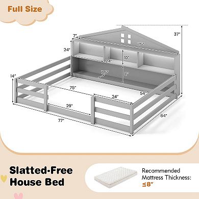 Costway Montessori Floor Bed with LED Lights Safety Guardrails Compartments Shelf
